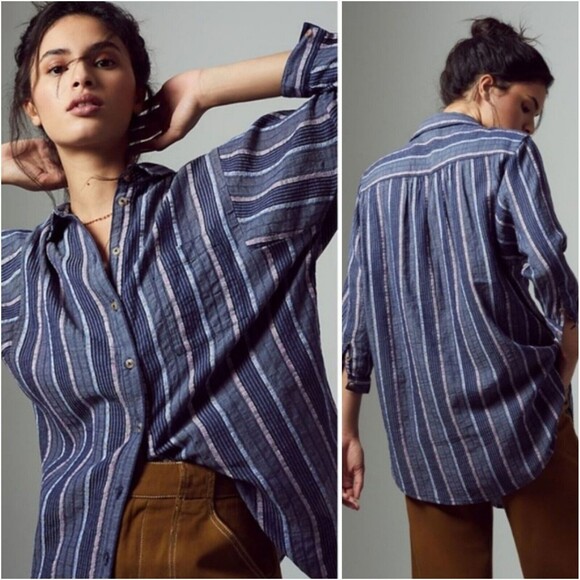 Anthropologie Tops - Pilcro The Bo Boyfriend Embroidered Oversized Small Button down Shirt Blue Stipe